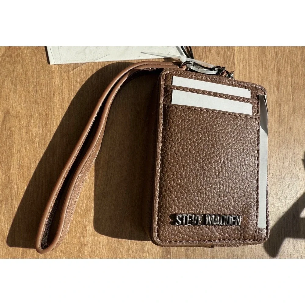 Steve Madden Bpipper Chestnut Brown Pebbled Zip‎ Card Case Wristlet Wallet NWT